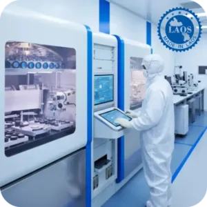 Technicians operating advanced coating equipment in a Z-Optics cleanroom manufacturing facility producing optical lenses and filters