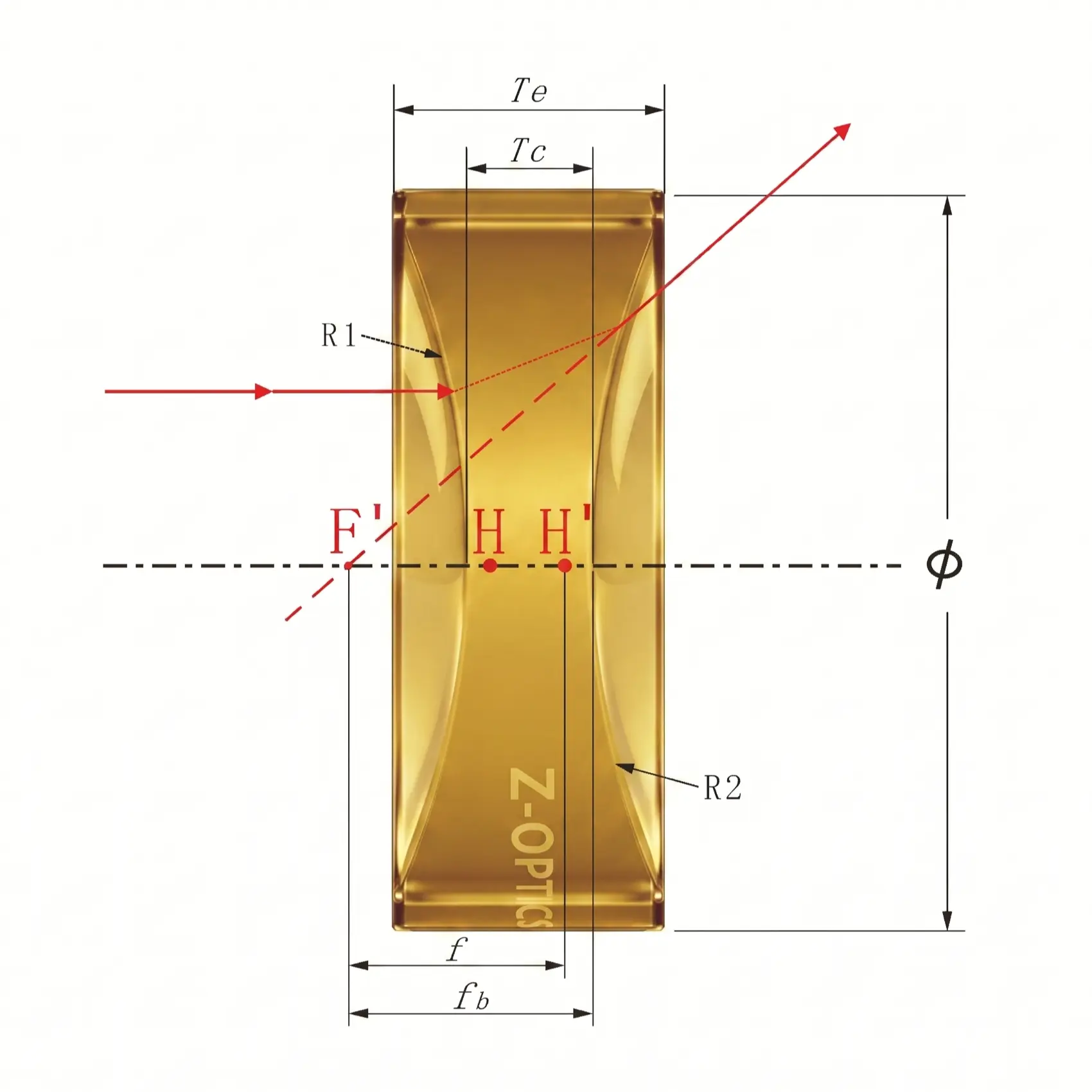 Zinc Selenide ZnSe Double Concave Lens optical schematic drawing for CO2 laser beam expansion