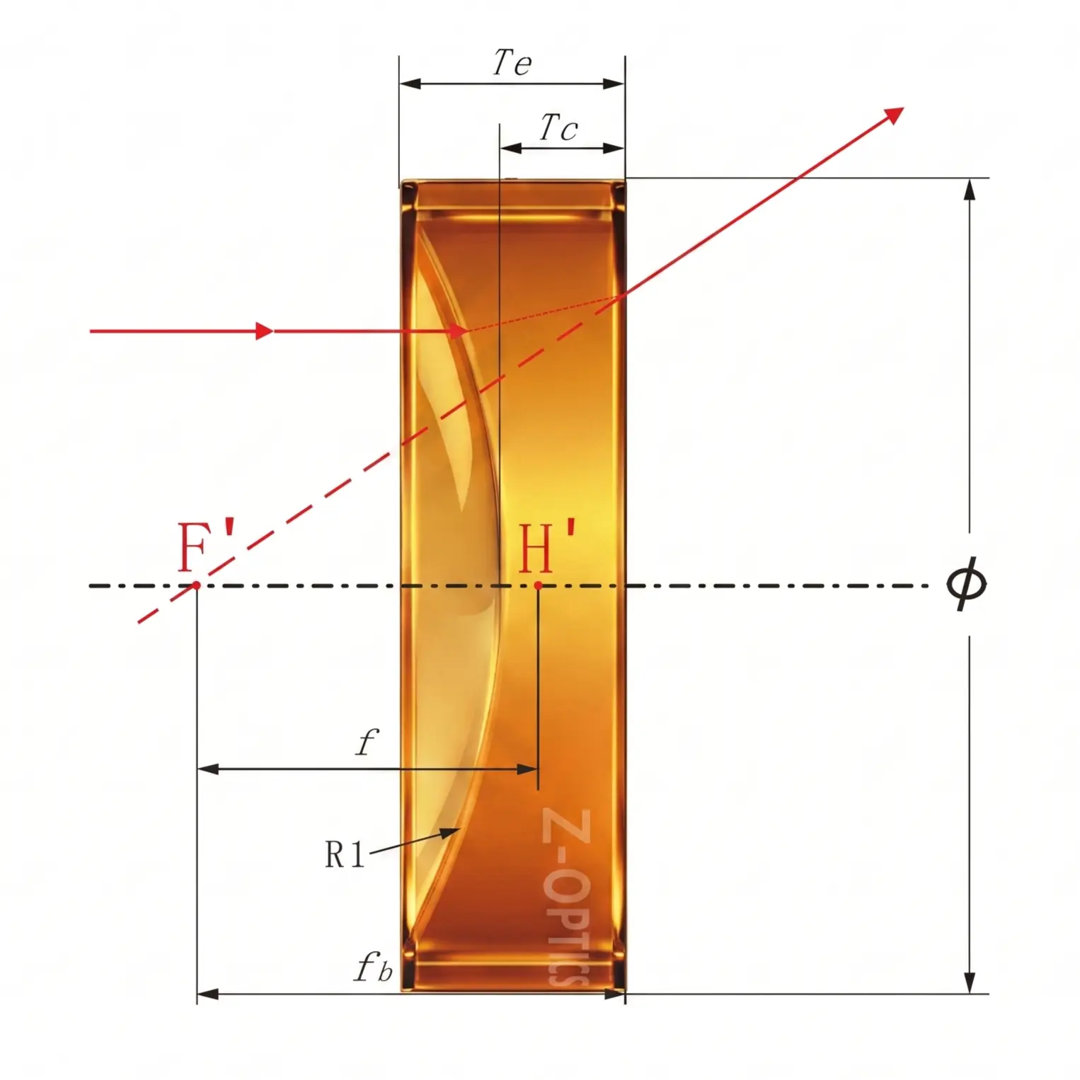 ZnSe Plano-Concave Lens with technical optical ray tracing diagram, used for CO2 laser beam expansion and infrared optics